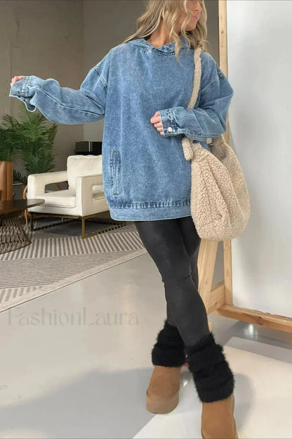 Distressed Washed Denim Hoodie Blue / S