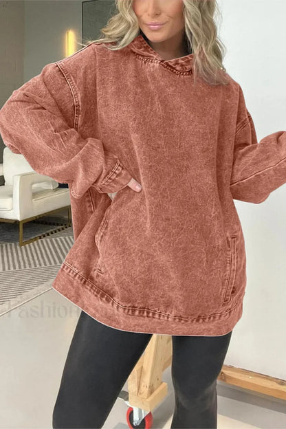 Distressed Washed Denim Hoodie Orange / S