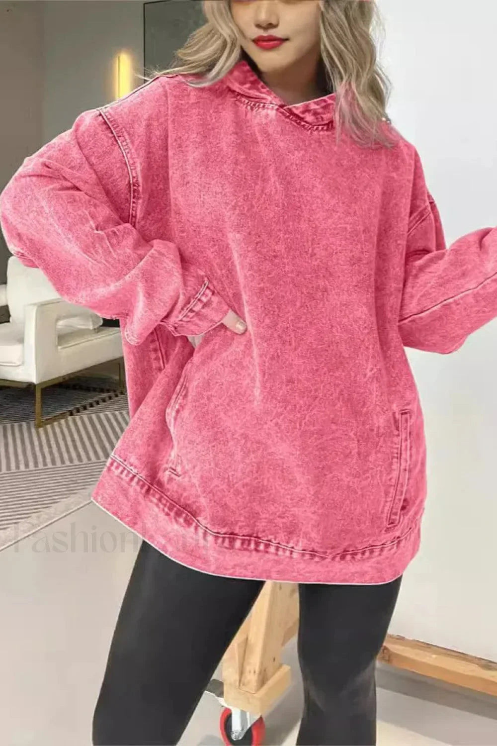 Distressed Washed Denim Hoodie Watermelon Red / S