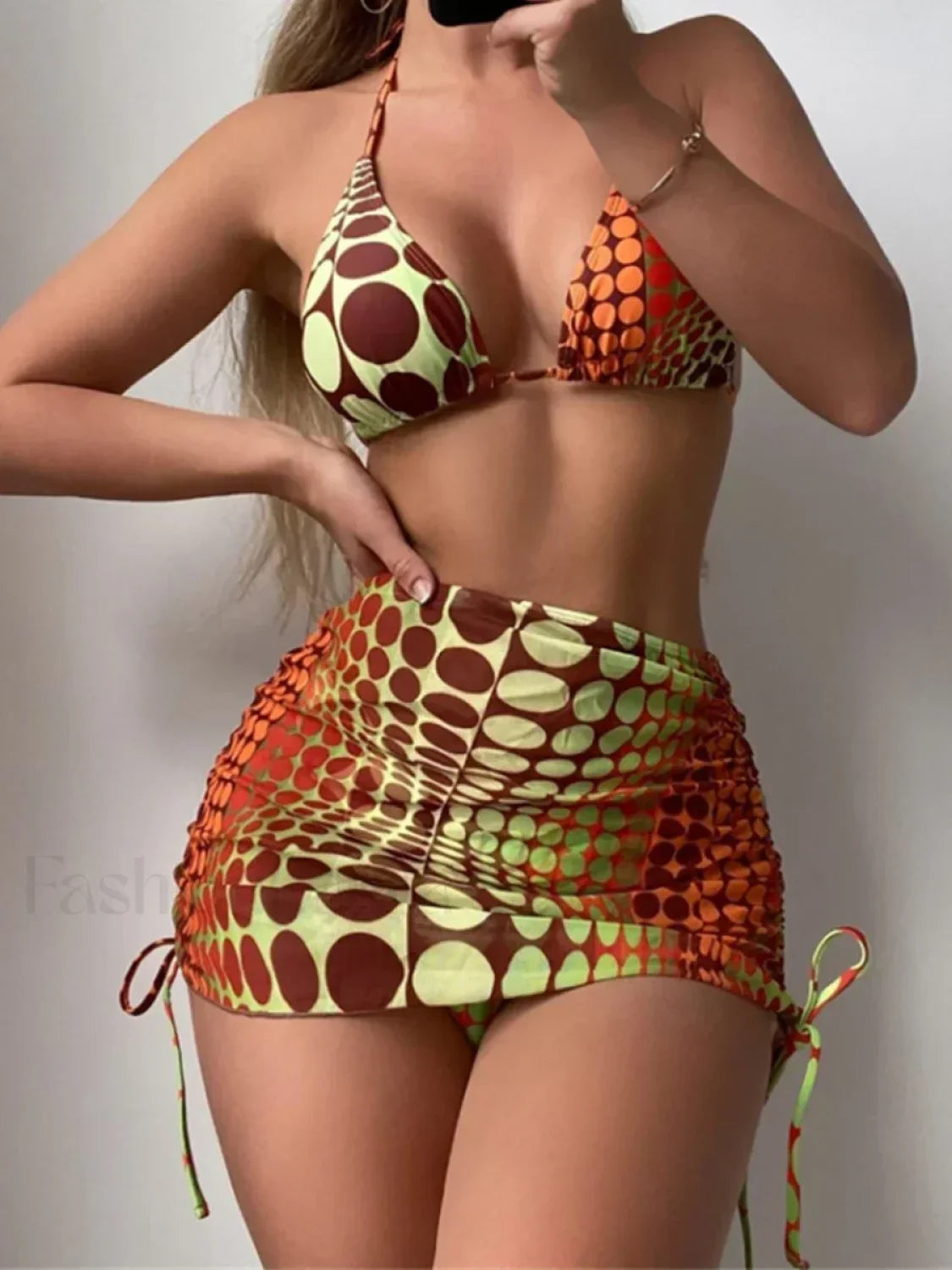 Dot Print Halter Triangle Three Piece Set