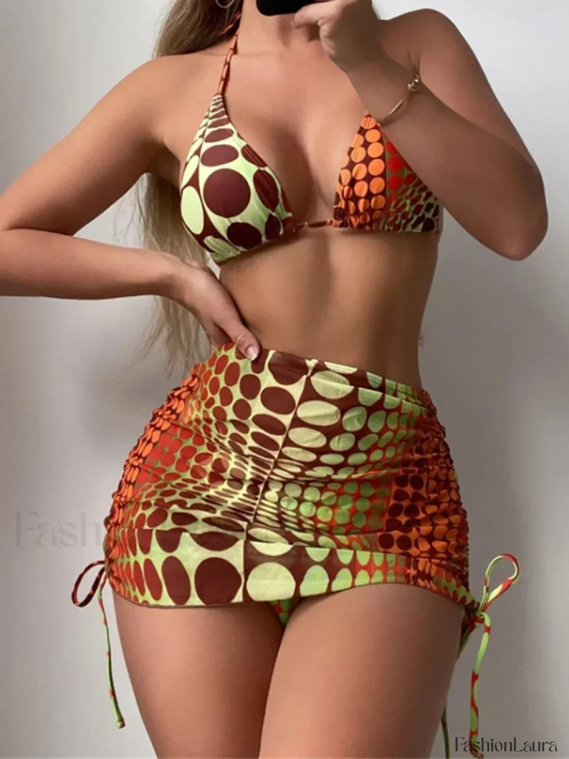 Dot Print Halter Triangle Three Piece Set