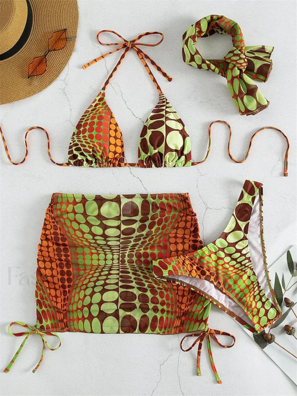 Dot Print Halter Triangle Three Piece Set S1Orange / S