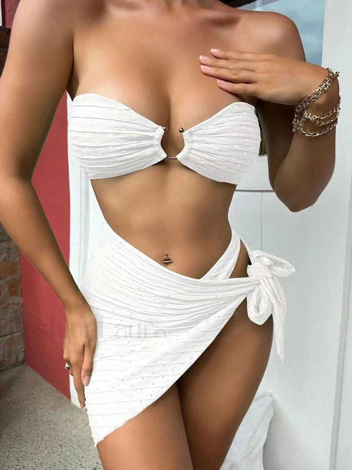 Dot Strapless Hollow Three Piece Set