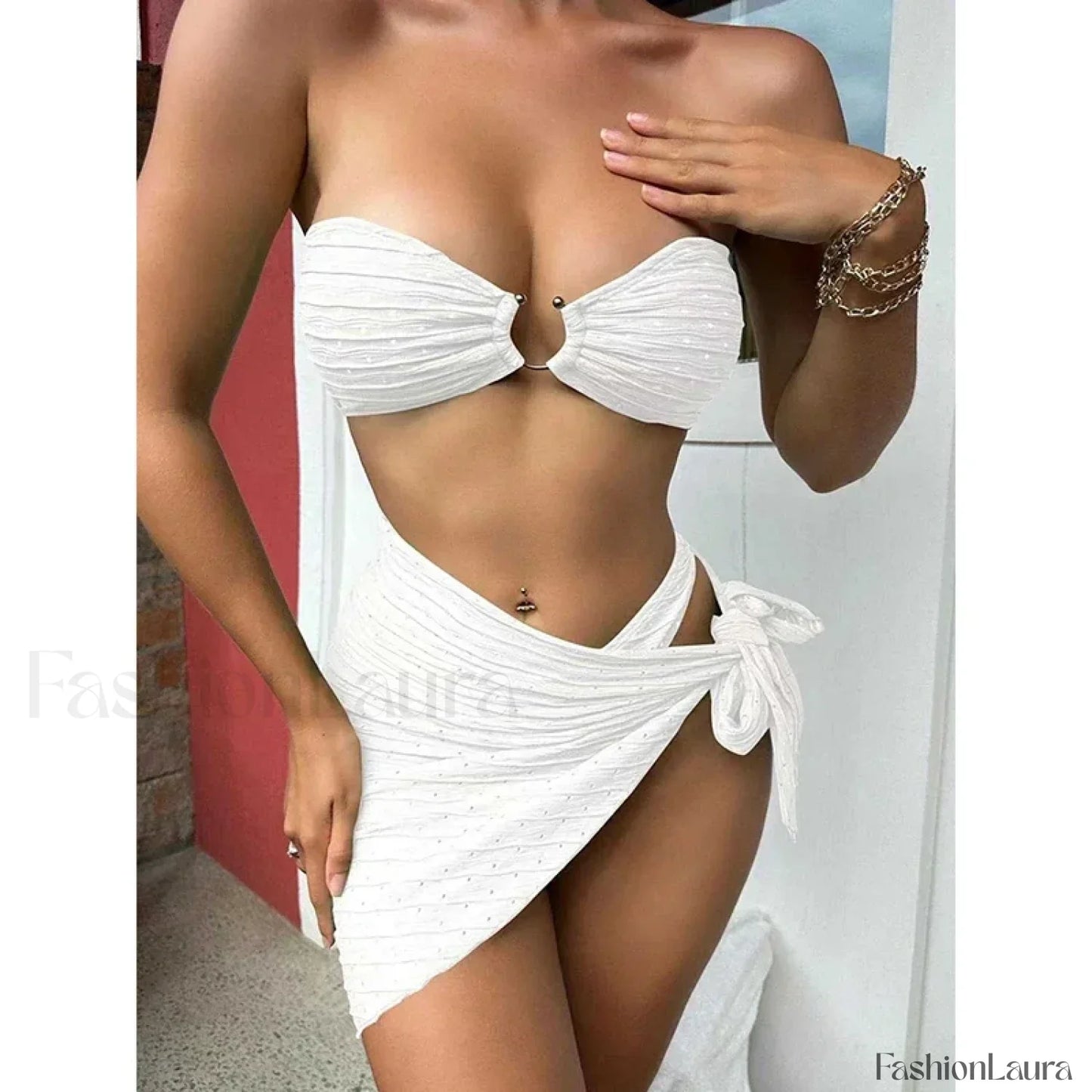 Dot Strapless Hollow Three Piece Set White / S