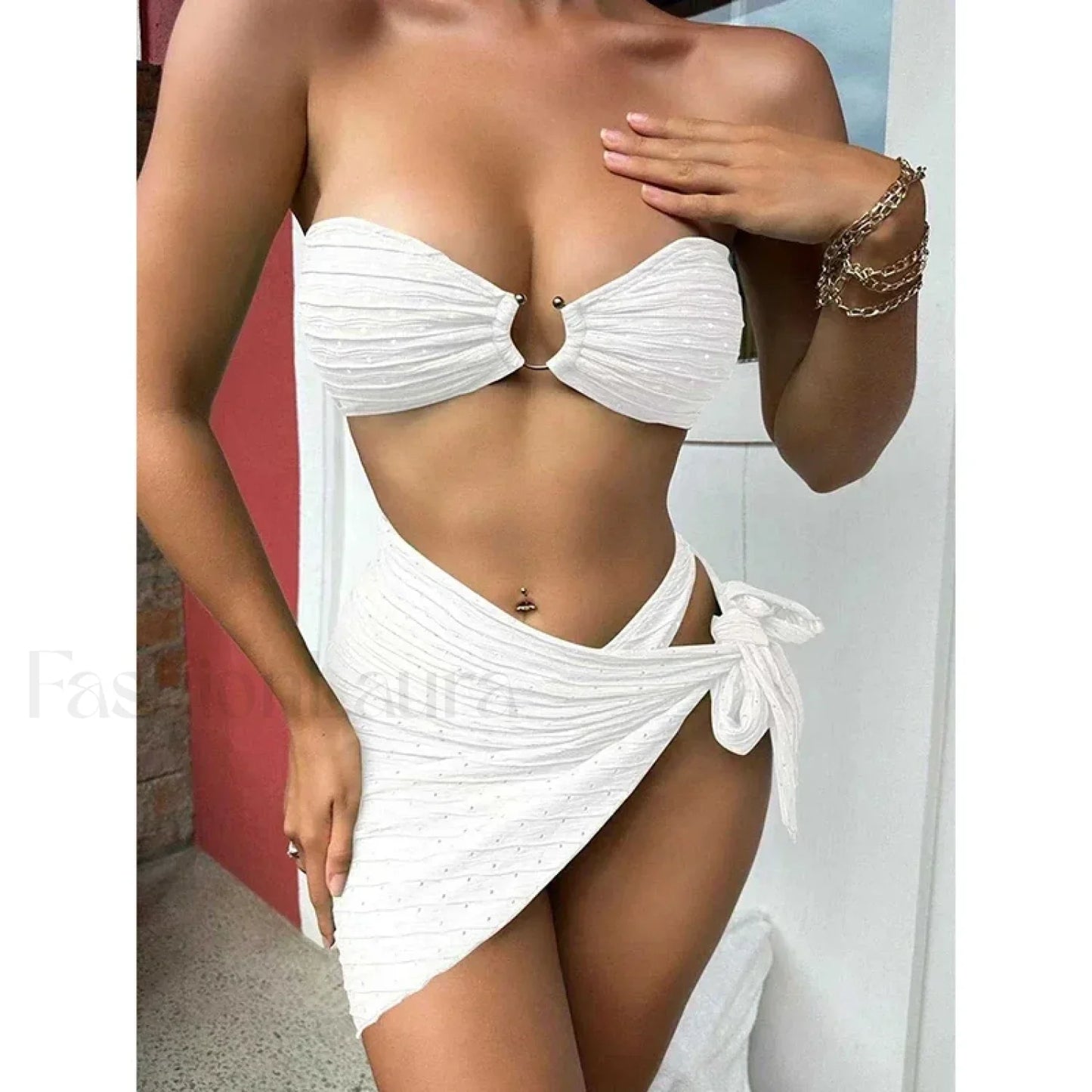 Dot Strapless Hollow Three Piece Set White / S