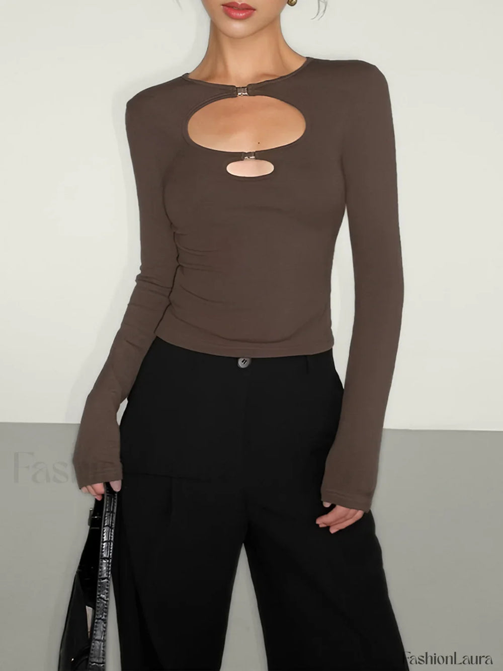 Double Keyholes Long Sleeve Top Light Brown / XS T Shirts
