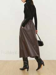 Double Pockets Graceful Leather Maxi Skirt Skirts