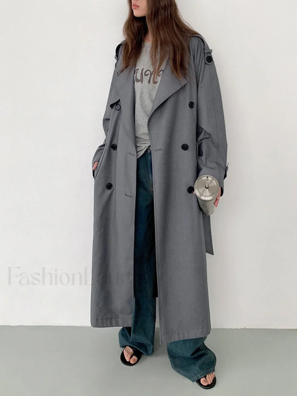Double Pockets Graceful Longline Trench Coat Grey / XS Trench Coats