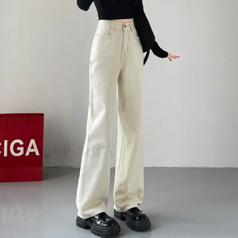 Draped Elastic Waist Wide Leg Denim Jeans white / xs