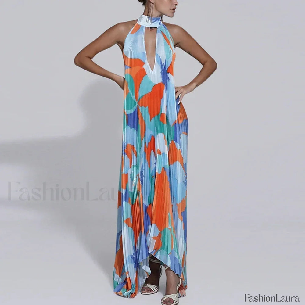 Draped Ethnic Hem Printed Maxi Dress blue 1 / S