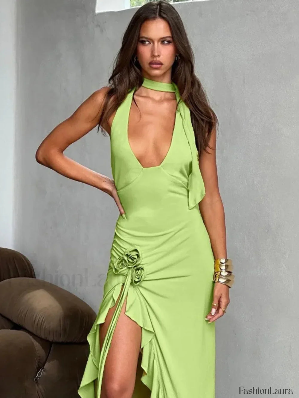 Draped Floral Split Maxi Dress