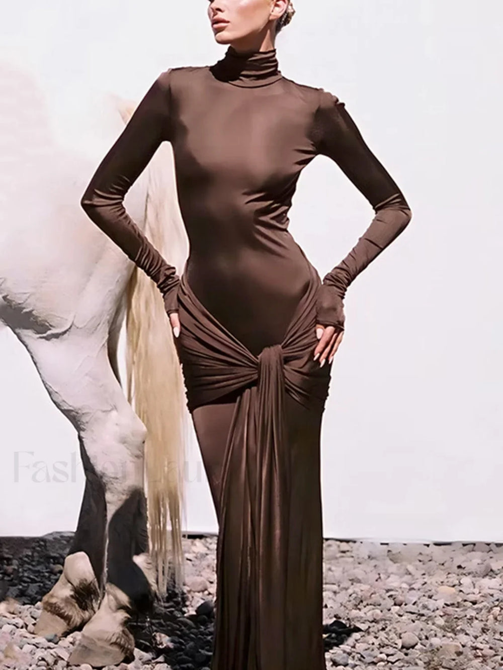 Draped Turtleneck Low Trendy Waist Twist Long Dress Dark Brown / S Dresses
