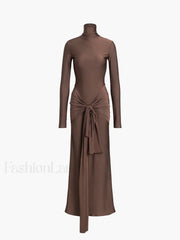 Draped Turtleneck Low Trendy Waist Twist Long Dress Dresses