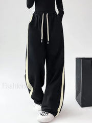 Drawstring Contrast Trim Trendy Wide Leg Sweatpants Black / XS Sweatpants
