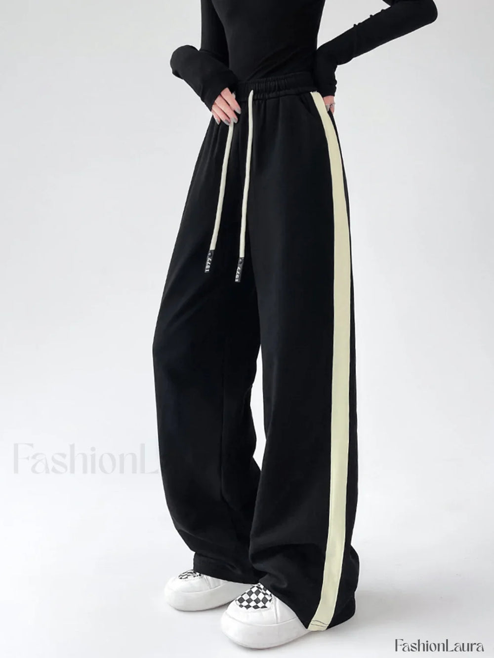 Drawstring Contrast Trim Wide Leg Sweatpants Sweatpants