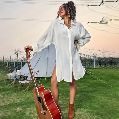 Drawstring Hollow Knit Dress Cover Up WHITE / One Size