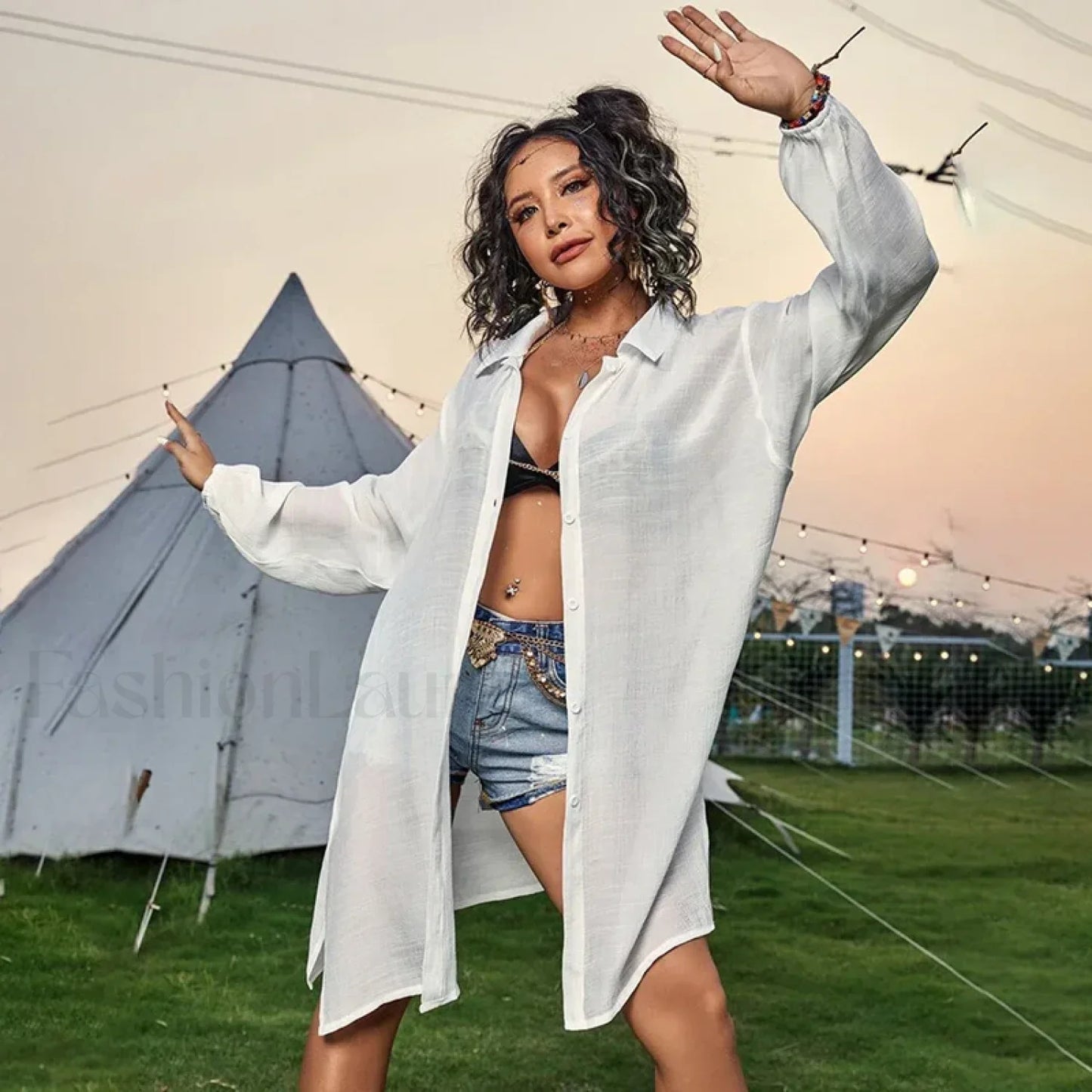 Drawstring Hollow Knit Dress Cover Up WHITE / One Size