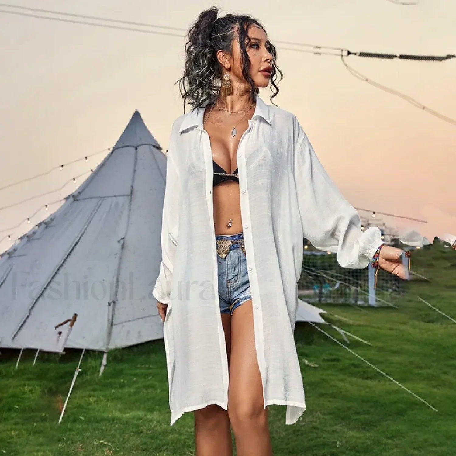 Drawstring Hollow Knit Dress Cover Up WHITE / One Size