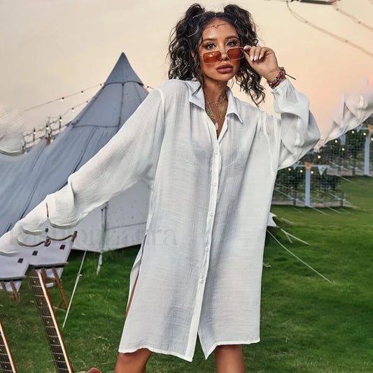 Drawstring Hollow Knit Dress Cover Up WHITE / One Size