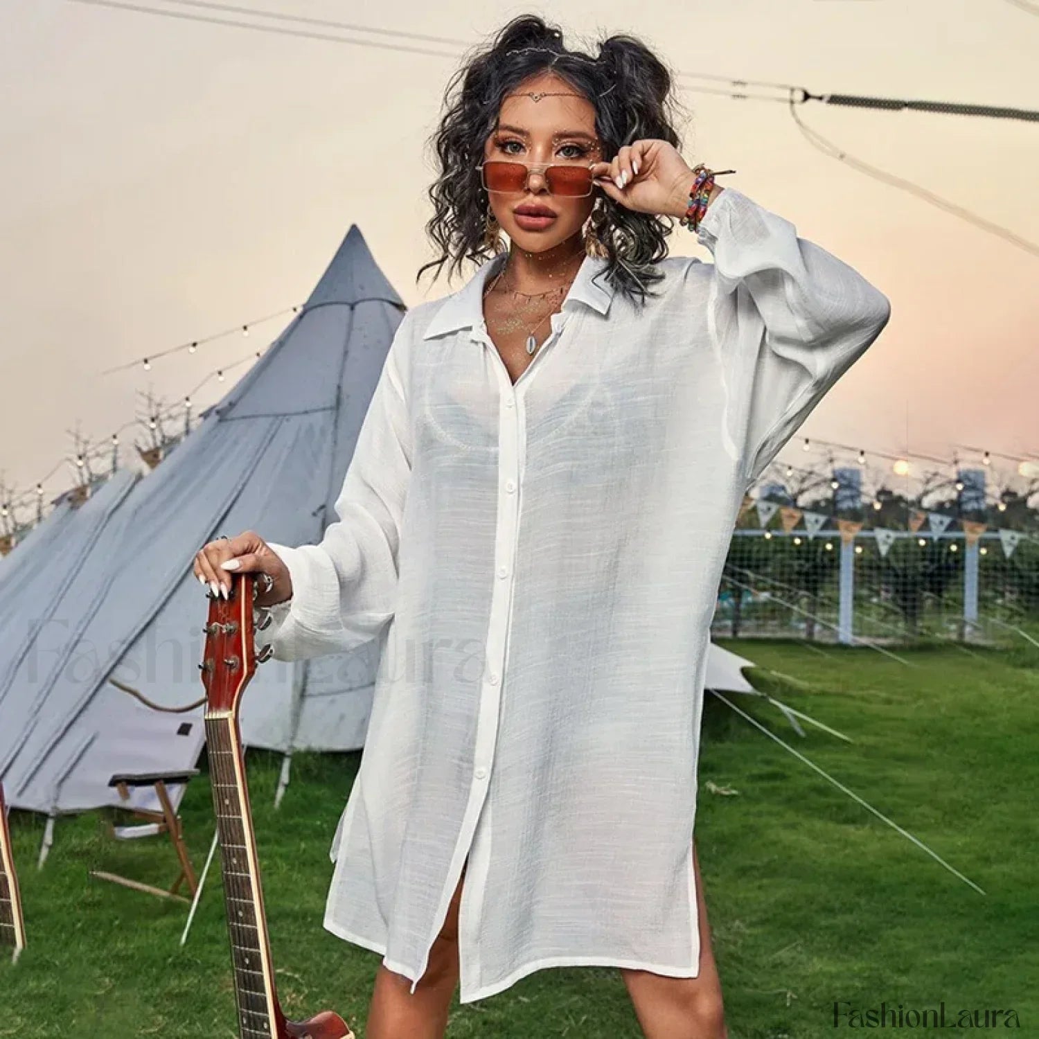 Drawstring Hollow Knit Dress Cover Up WHITE / One Size