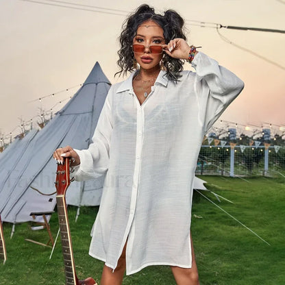 Drawstring Hollow Knit Dress Cover Up WHITE / One Size