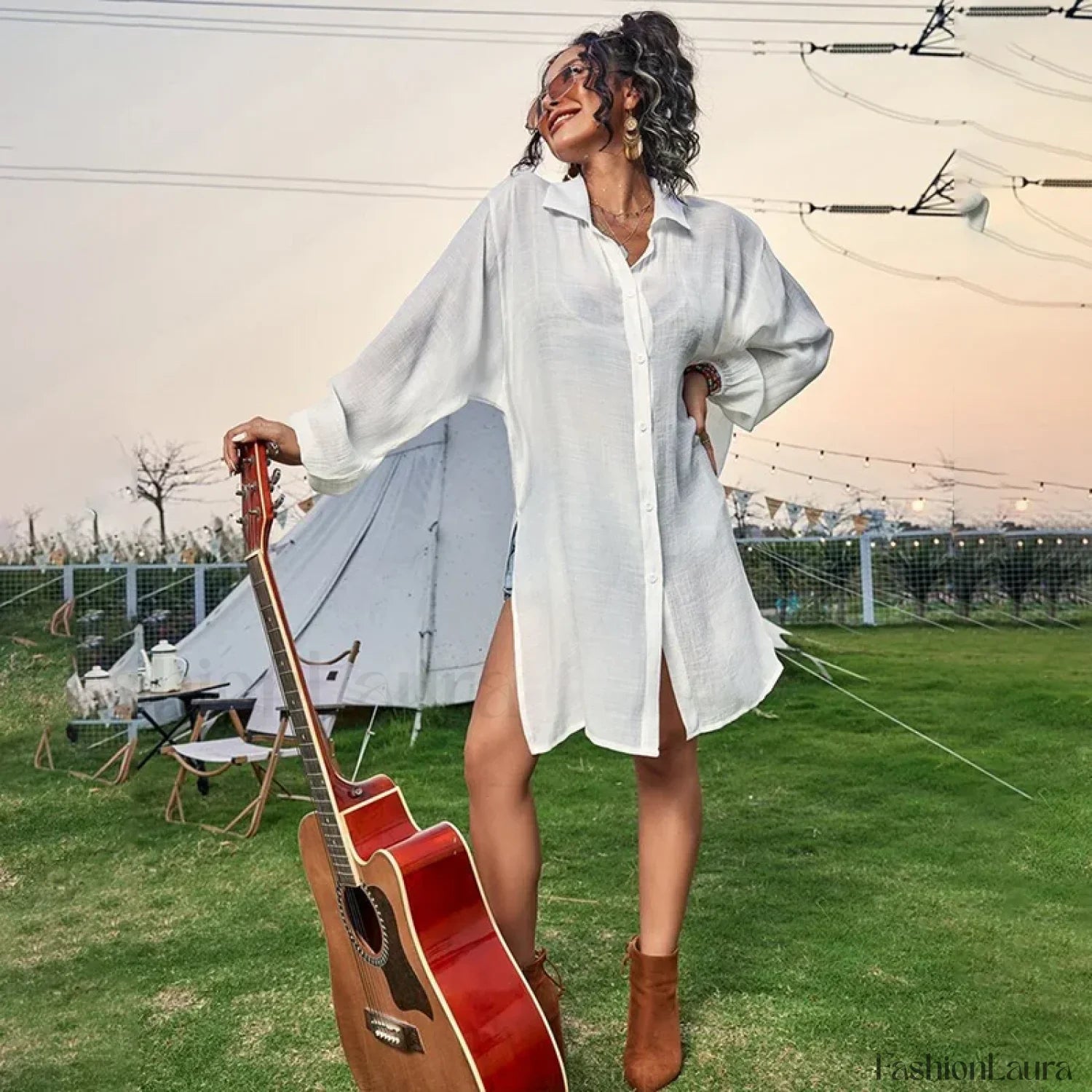 Drawstring Hollow Knit Dress Cover Up WHITE / One Size