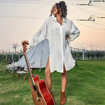 Drawstring Hollow Knit Dress Cover Up WHITE / One Size