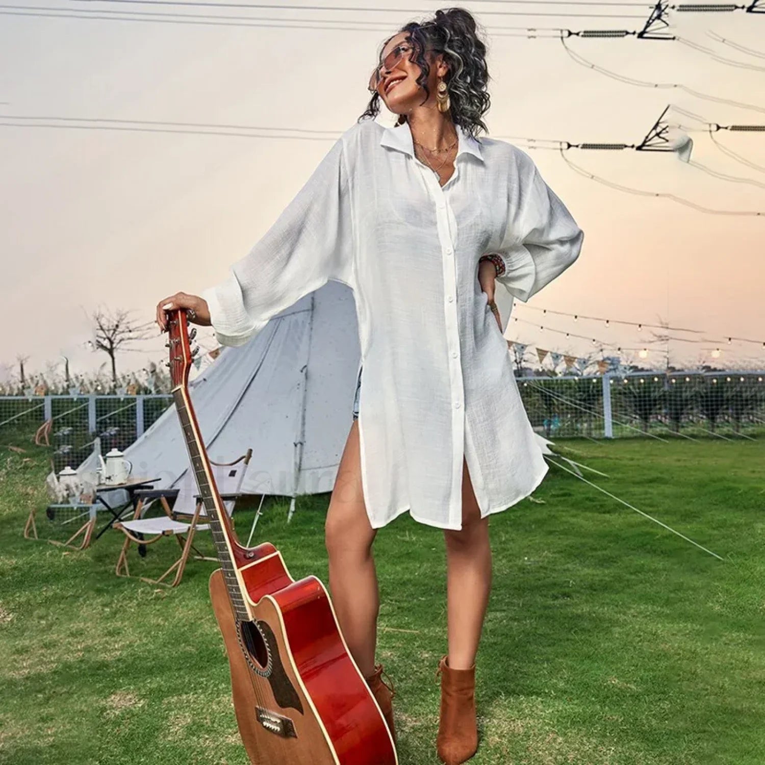 Drawstring Hollow Knit Dress Cover Up WHITE / One Size