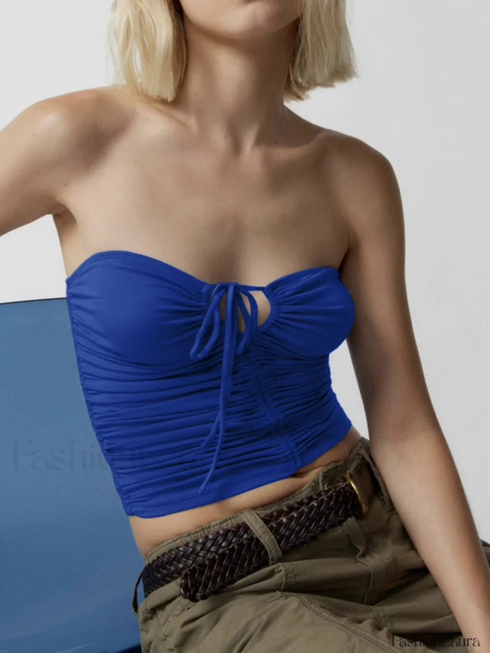 Drawstring Ruched Graceful Crop Tube Top Blue / S Tank Tops & Camis