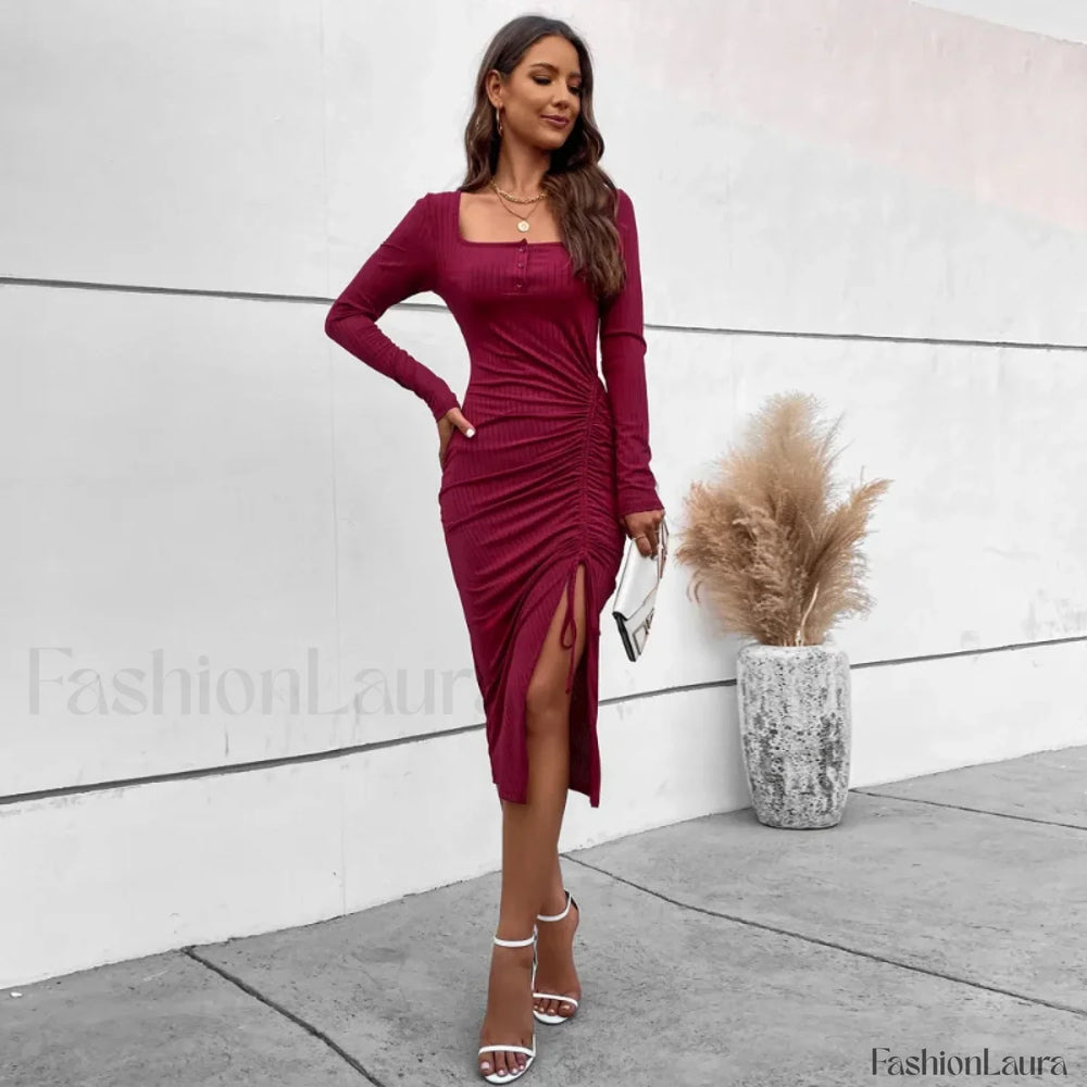 Drawstring Split Elegant High Waist Skinny A Line Midi Dress