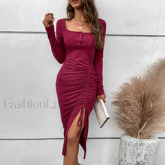 Drawstring Split Elegant High Waist Skinny A Line Midi Dress