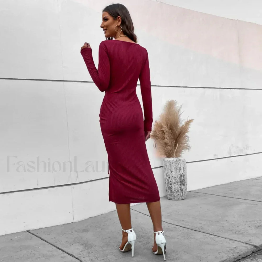 Drawstring Split Elegant High Waist Skinny A Line Midi Dress