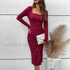 Drawstring Split Elegant High Waist Skinny A Line Midi Dress