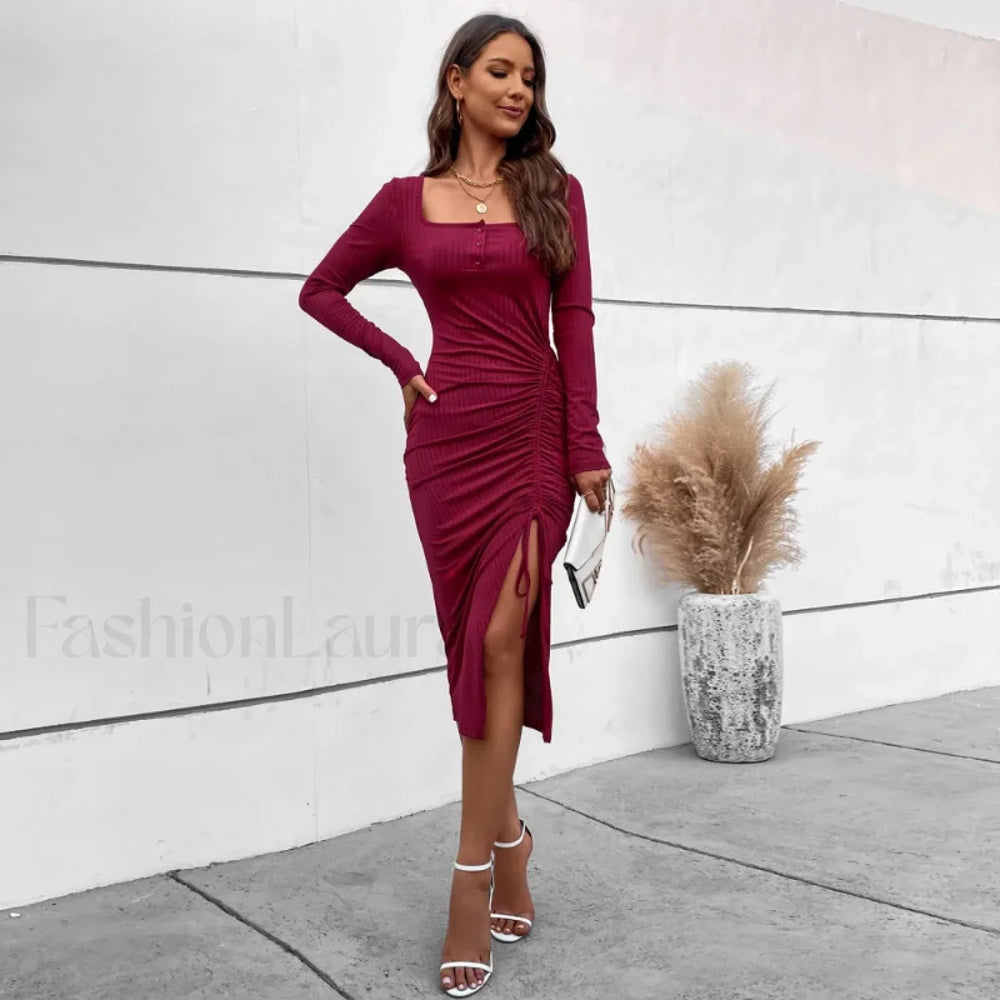 Drawstring Split Elegant High Waist Skinny A Line Midi Dress