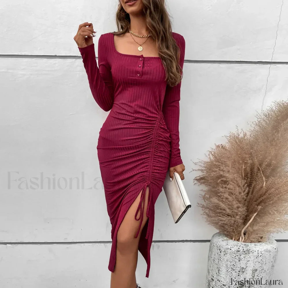 Drawstring Split Elegant High Waist Skinny A Line Midi Dress Burgundy / S