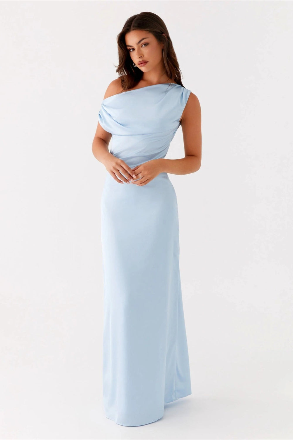 Solid Asymmetric Neckline Formal Dress S / Blue