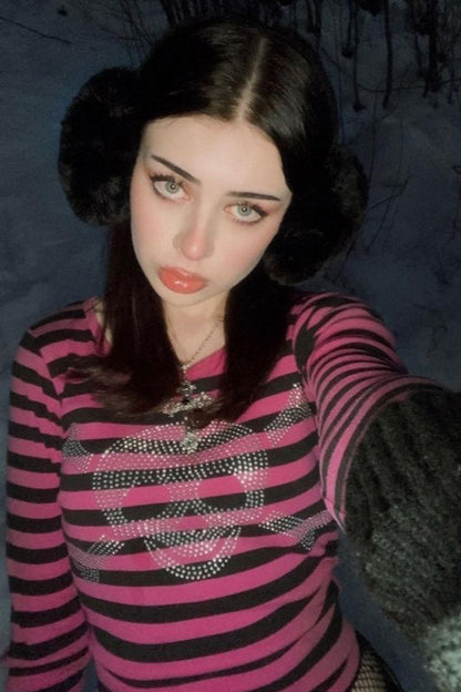 Elastic Long Sleeve Striped T-Shirt