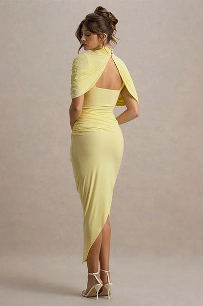 Solid High Neck Pleated Slim Waist Maxi Dress