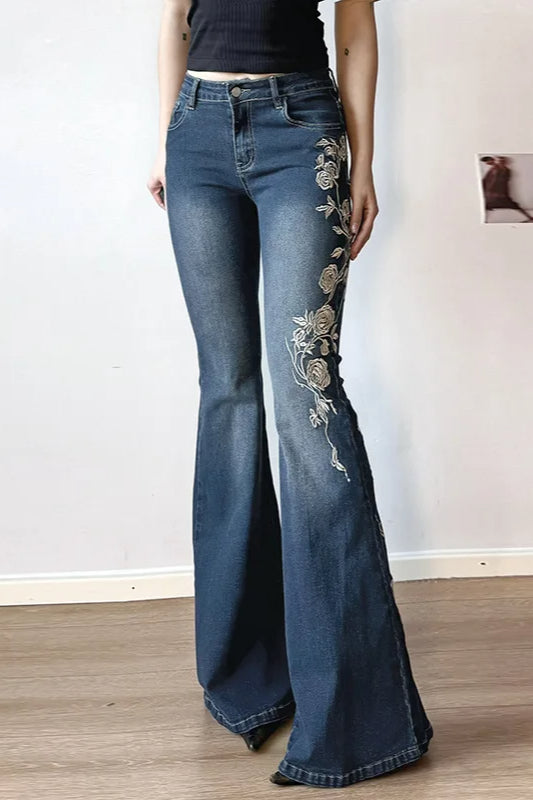 Vintage Plant Embroidered Bootcut Jeans Blue / S