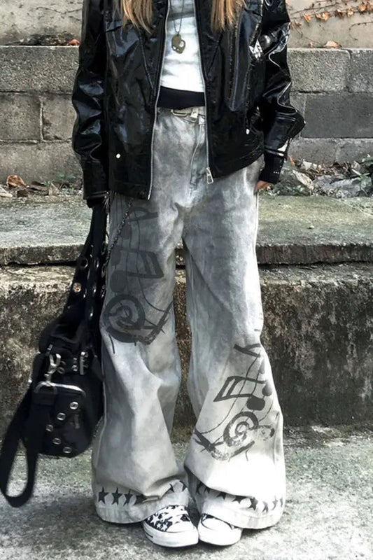 Music Note Print Vintage Jeans Grey / S