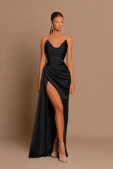 Satin Deep V Corset Slit Formal Dress