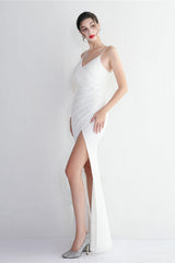 Long Satin Slit Halter Sheath Formal Dress