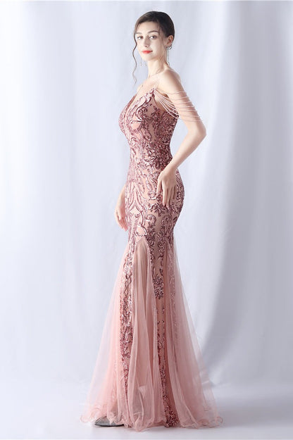 Beaded Mesh Cocktail Maxi Dress