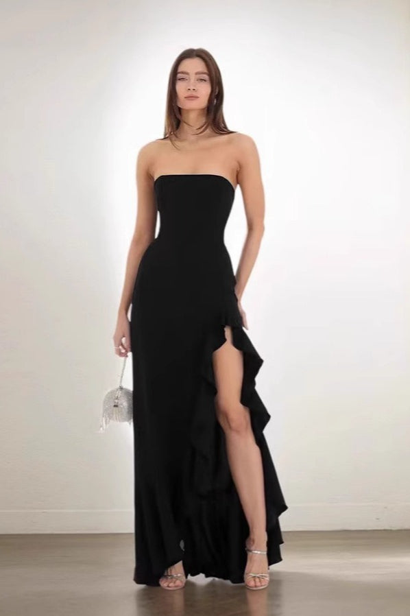 Ruffled Bustier Side Slit Formal Dress S / Black