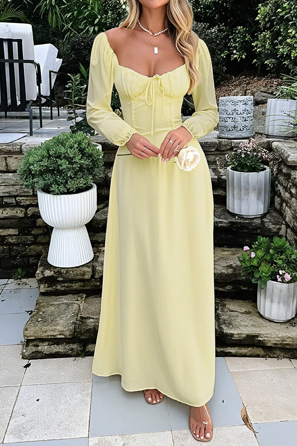 Solid Long Sleeve Party Dress S / Yellow