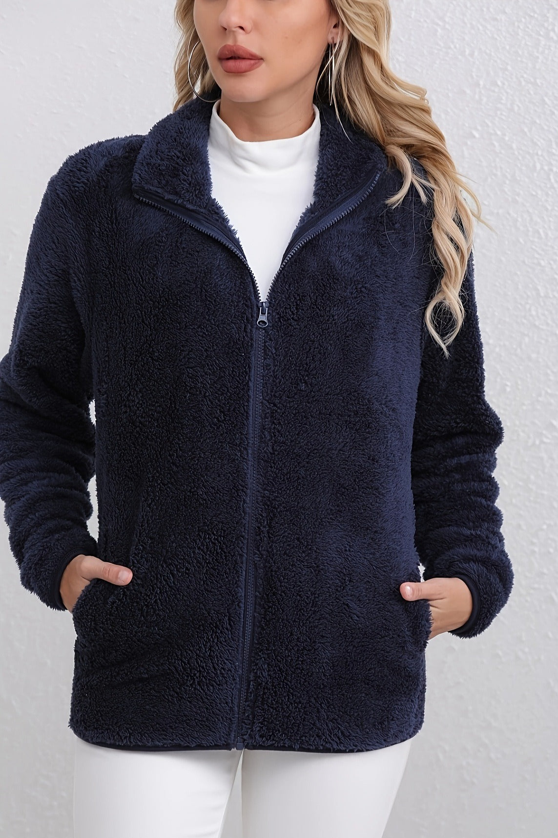 Casual Fuzzy Zipper Jacket Navy blue / S