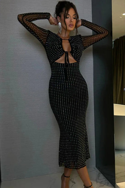 Sequins Tie Front Long Sleeve Bandage Maxi Dress