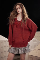 Embroidered Rose V Neck Knit Sweater