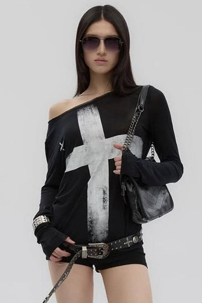 Cross Print Asymmetrical T-Shirt