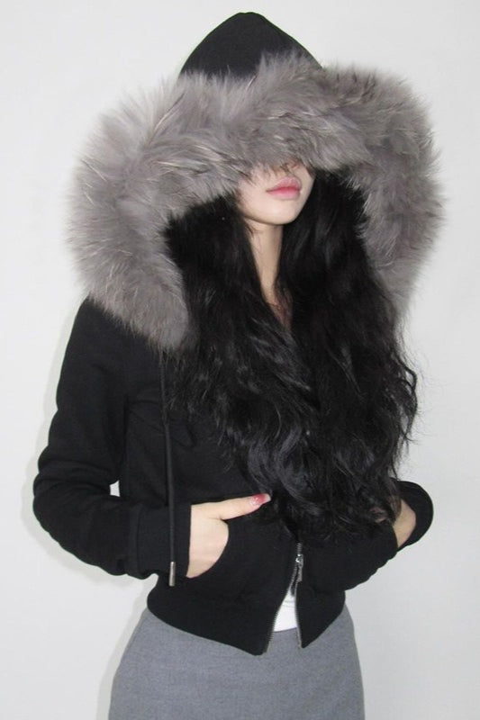 Fur Trim Hooded Zip Waist Jacket S / Black